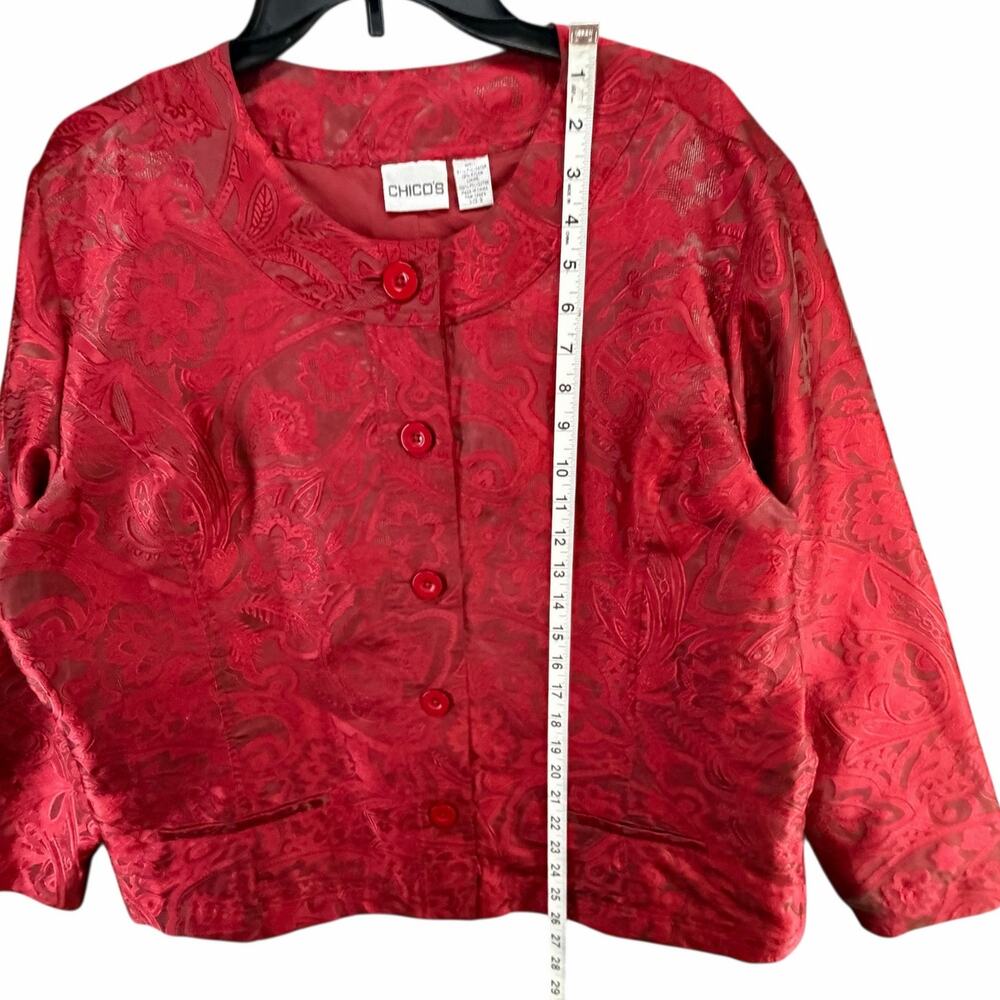 Chicos Textured Jacket Womens XL 3 Red Floral Paisley Button Up Romantic Holiday - Picture 7 of 14